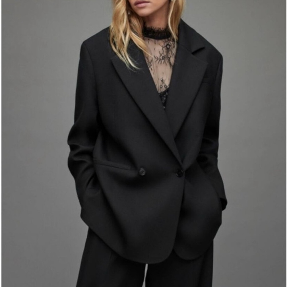 All Saints Corin Blazer Womens Medium Black Wool Blend Oversized Double Breasted